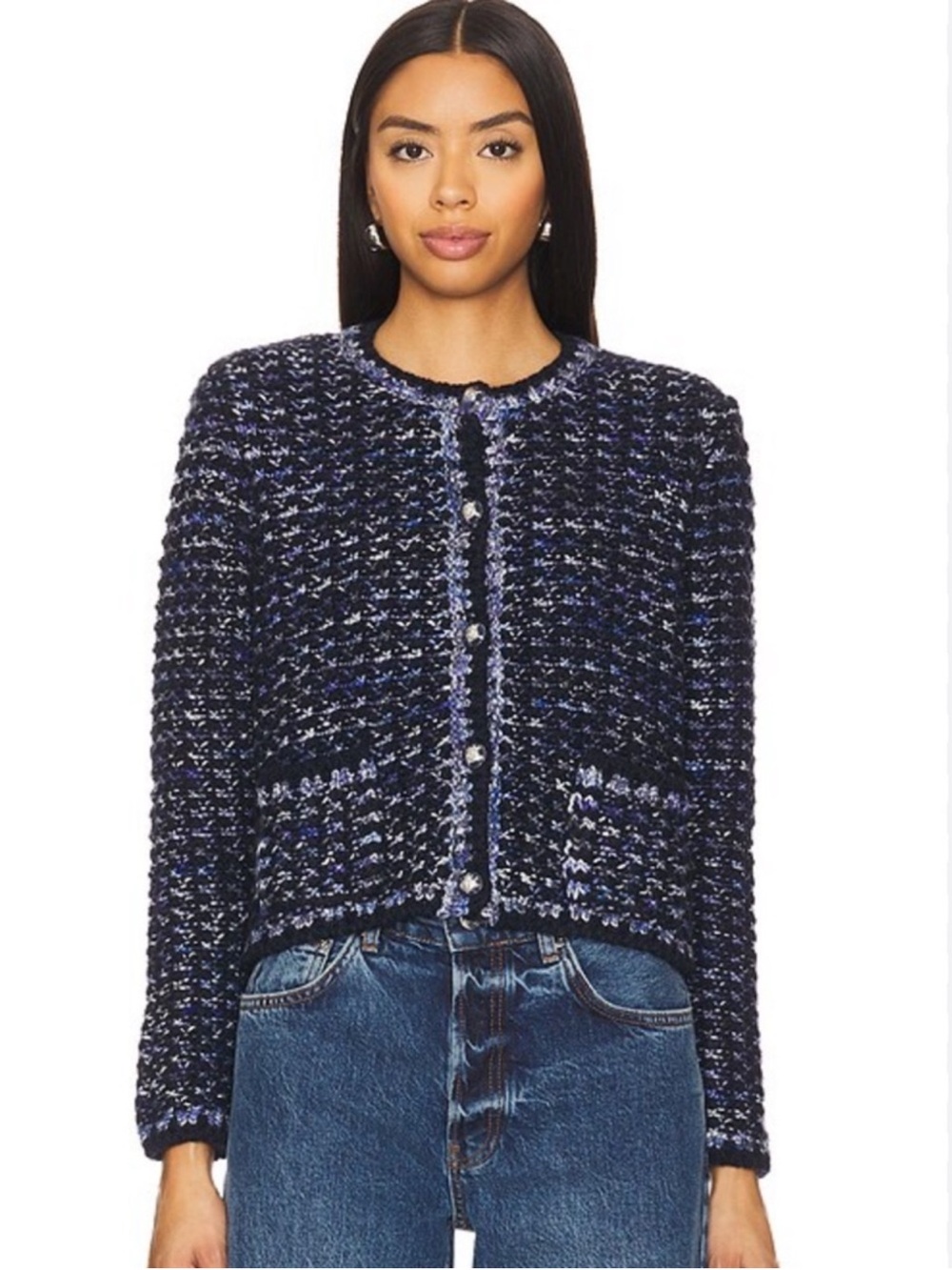 ba&sh Navy and Black Tweed Button-Front Cardigan